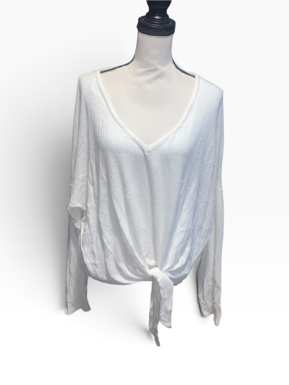 H&M LOGG White V-Neck Tie-Front Women's Top Ribbed Stretchy Long Sleeve